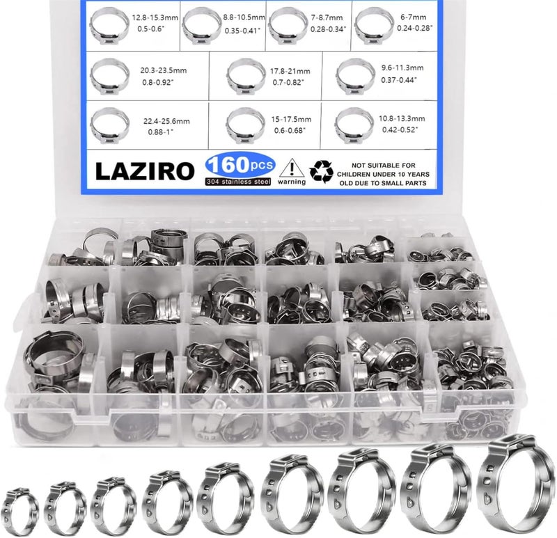 LAZIRO 160Pcs (6mm-25.6mm)1/4""-1""Single Ear Hose Clamp Hose Crimp Clamps Ear Crimp Rings Ear Stepless Hose Clamp Pinch Clamps for Hose Pipe Clamp Tools (Single Ear Hose Clamps Kit), Silver - Image 1